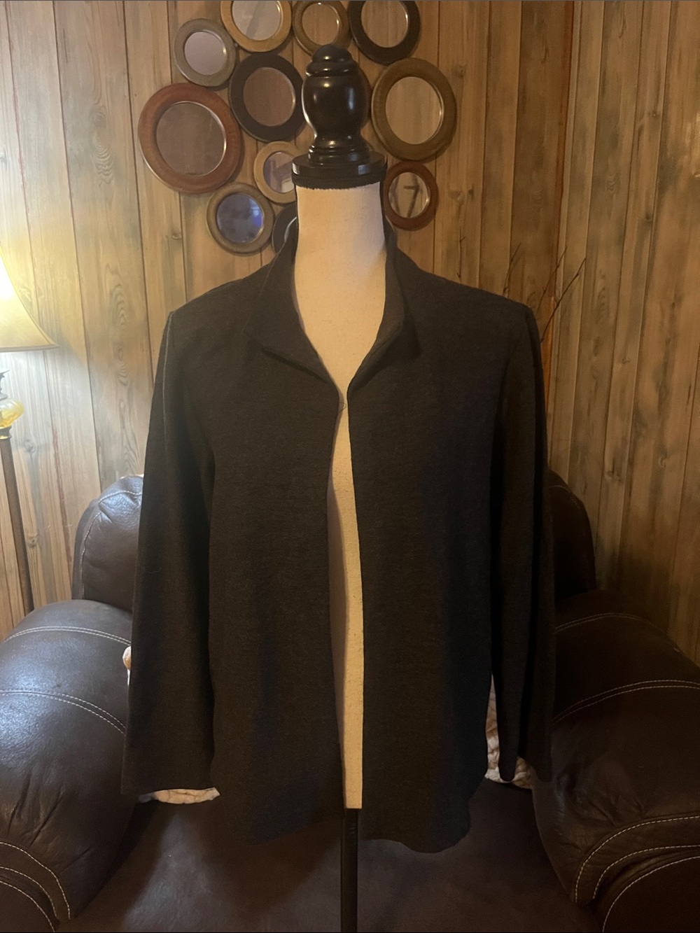 Eileen Fisher Wool Open-Front Dark Gray Knit Cardigan Jacket Minimalist Classic